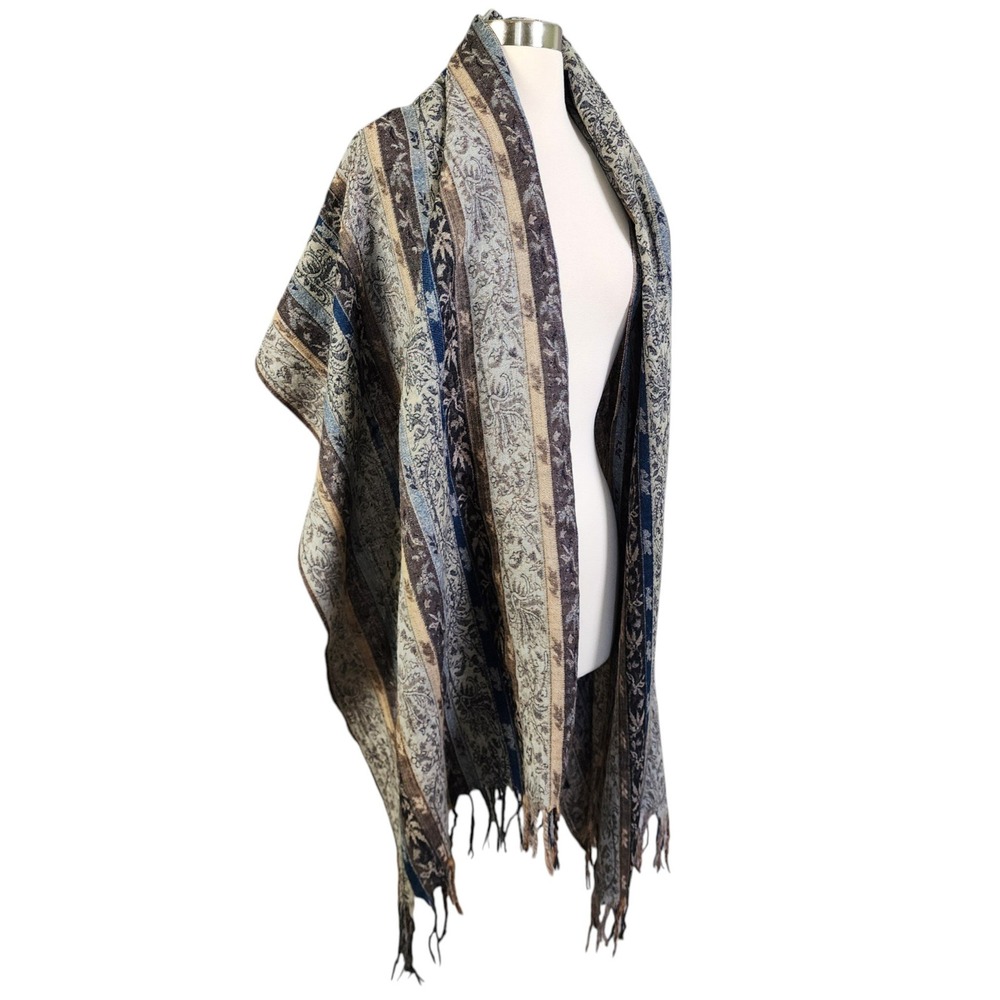 Essential Classics‎ 100% Wool Paisley Stripe Wrap Shawl Scarf Blue Brown India